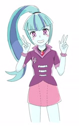 Size: 1765x2815 | Tagged: safe, artist:auntie_grub, derpibooru import, sonata dusk, equestria girls, clothes, cute, female, gem, grin, looking at you, peace sign, simple background, siren gem, smiling, smiling at you, solo, sonatabetes, spiked wristband, white background, wristband