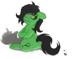 Size: 1567x1252 | Tagged: safe, artist:botckap, derpibooru exclusive, derpibooru import, oc, oc:anon, oc:anon filly, earth pony, insect, pony, angry, chest fluff, ear fluff, ears, female, filly, foal, green coat, green eyes, heart, simple background, white background
