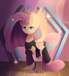 Size: 2400x2650 | Tagged: safe, artist:miryelis, derpibooru import, fluttershy, butterfly, pegasus, pony, bodysuit, clothes, fanart, female, flying, full body, long hair, looking at you, signature, solo, sparkles, stage, stockings, thigh highs, wings