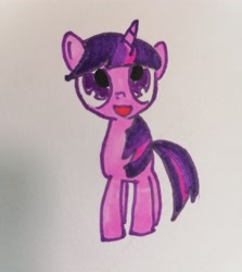 Size: 3000x3356 | Tagged: safe, artist:369treatment, derpibooru import, twilight sparkle, unicorn twilight, pony, unicorn, cute, female, filly, filly twilight sparkle, foal, happy, horn, looking at you, mare, shining adorable, simple background, smiling, smiling at you, solo, traditional art, weapons-grade cute, younger