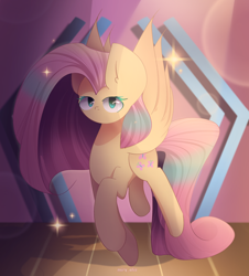 Size: 2400x2650 | Tagged: safe, alternate version, artist:miryelis, derpibooru import, fluttershy, butterfly, pegasus, pony, cute, daaaaaaaaaaaw, fanart, female, flying, full body, long hair, looking at you, shyabetes, solo, sparkles, stage, wings