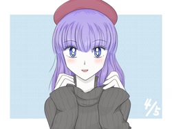 Size: 1805x1360 | Tagged: safe, artist:auntie_grub, derpibooru import, rarity, equestria girls, beatnik rarity, beret, blushing, clothes, cute, female, hat, looking at you, open mouth, open smile, raribetes, simple background, smiling, smiling at you, solo, sweater, white background