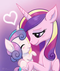 Size: 1280x1521 | Tagged: safe, artist:catscratchpaper, derpibooru import, princess cadance, princess flurry heart, alicorn, pony, baby, baby pony, duo, duo female, eyes closed, female, gradient background, heart, mare, mother and child, mother and daughter, mother's day, parent and child