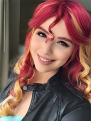 Size: 901x1200 | Tagged: safe, artist:maddymoiselle, derpibooru import, edit, sunset shimmer, human, equestria girls, artificial intelligence, beautiful, bust, clothes, eyelashes, female, focus, hair, humanized, irl, irl human, jacket, leather jacket, lipstick, makeup, photo, photography, portrait, redhead, smiling, solo, wig, woman