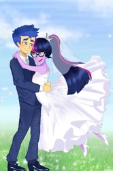 Size: 677x1022 | Tagged: safe, artist:laflashlightshipper, derpibooru import, flash sentry, sci-twi, twilight sparkle, equestria girls, clothes, dress, duo, duo male and female, female, flashlight, hug, male, marriage, open mouth, open smile, sciflash, shipping, signature, smiling, straight, wedding, wedding dress