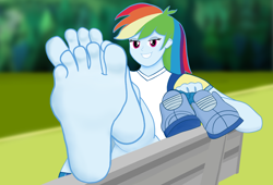Size: 1980x1344 | Tagged: safe, artist:greenboy270, derpibooru import, rainbow dash, anthro, plantigrade anthro, equestria girls, barefoot, bedroom eyes, clothes, feet, fetish, foot fetish, foot focus, grin, looking at you, sexy, shoes, shoes removed, smiling, soles, toes