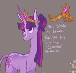 Size: 752x717 | Tagged: safe, artist:heebiejeebies, derpibooru import, part of a set, twilight sparkle, unicorn twilight, pony, unicorn, alternate design, alternate hairstyle, big crown thingy, coat markings, dappled, element of magic, female, gray background, jewelry, looking up, mare, redesign, regalia, simple background, smiling, solo, tiara, updo