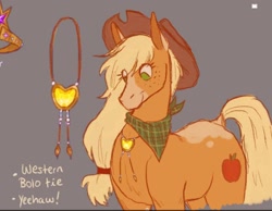 Size: 972x756 | Tagged: safe, artist:heebiejeebies, derpibooru import, part of a set, applejack, earth pony, pony, alternate cutie mark, alternate design, appaloosa, blaze (coat marking), bolo tie, coat markings, element of honesty, facial markings, female, gray background, hat, looking down, mare, neckerchief, redesign, simple background, solo