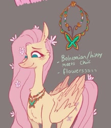 Size: 637x730 | Tagged: safe, artist:heebiejeebies, derpibooru import, part of a set, fluttershy, pegasus, pony, alternate design, colored wings, element of kindness, female, flower, flower in hair, flower in tail, gradient wings, gray background, jewelry, mare, necklace, partially open wings, redesign, simple background, solo, tail, wings