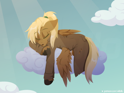 Size: 1600x1200 | Tagged: safe, artist:willoillo, derpibooru import, oc, oc:threnody, pegasus, pony, fallout equestria, fallout equestria: speak, cloud, coat, duster, fanfic art, nap, sleeping