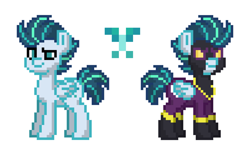 Size: 2963x1836 | Tagged: safe, derpibooru import, oc, oc only, oc:bolt freeze, pegasus, pony, clothes, cutie mark, goggles, male, next generation, pony town, reference sheet, shadowbolts, simple background, stallion, uniform, white background