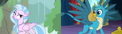 Size: 2560x720 | Tagged: safe, derpibooru import, edit, edited screencap, screencap, gallus, silverstream, griffon, hippogriff, uprooted, what lies beneath, bedroom eyes, cute, female, gallabetes, gallstream, jewelry, male, necklace, raised eyebrow, shipping, shipping domino, spread wings, straight, waterfall, wings