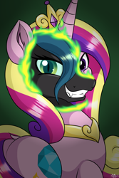 Size: 1000x1500 | Tagged: safe, artist:novaspark, derpibooru exclusive, derpibooru import, princess cadance, queen chrysalis, changeling, changeling queen, canterlot wedding 10th anniversary, disguise, disguised changeling, evil grin, fake cadance, female, grin, shapeshifting, smiling, solo, transformation