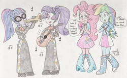 Size: 1400x856 | Tagged: safe, artist:bageloftime, derpibooru import, pinkie pie, rainbow dash, rarity, sci-twi, twilight sparkle, equestria girls, clothes, dialogue, guitar, hypno eyes, hypnosis, hypnotized, long dress, long skirt, mariachi, musical instrument, skirt, speech bubble, sweat, swirly eyes, traditional art, trumpet