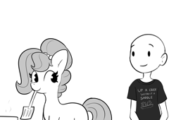 Size: 4326x2948 | Tagged: safe, artist:tjpones, derpibooru import, oc, oc only, oc:brownie bun, oc:richard, earth pony, human, pony, horse wife, black and white, cute, female, grayscale, human male, husband and wife, looking at each other, looking at someone, male, mare, married couple, monochrome, mouth hold, oc x oc, ocbetes, shipping, simple background, spatula, straight, white background
