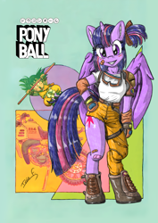 Size: 2481x3508 | Tagged: safe, artist:memprices, derpibooru import, twilight sparkle, twilight sparkle (alicorn), alicorn, semi-anthro, background, bicycle, bipedal, boots, bulma, clothes, cosplay, costume, crossover, dragon ball, ear fluff, ears, goggles, high res, horn, jumping, logo, logo edit, looking at you, motorcycle, pencil, pencil drawing, pony ball, ponytail, posing for photo, shading, shoes, signature, smiling, smiling at you, son goku, traditional art, wings