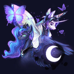 Size: 1280x1280 | Tagged: safe, artist:shu-jeantte, derpibooru import, princess luna, butterfly, pony, blue eyes, crown, curved horn, duo, feather, female, horn, jewelry, kochou shinobu, looking at you, mare, peytral, ponified, purple eyes, regalia, simple background, smiling, spread wings, wings