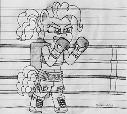 Size: 1280x1151 | Tagged: safe, artist:ct1443ae, derpibooru import, pinkie pie, earth pony, semi-anthro, boxer, boxing, boxing gloves, boxing ring, boxing shorts, clothes, gritted teeth, lined paper, mouth guard, pencil drawing, shoes, shorts, solo, sports, teeth, traditional art