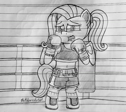 Size: 1280x1135 | Tagged: safe, artist:ct1443ae, derpibooru import, fluttershy, pegasus, semi-anthro, boxing, boxing gloves, boxing ring, boxing shorts, clothes, lined paper, mouth guard, open mouth, pencil drawing, shoes, shorts, solo, sports, traditional art
