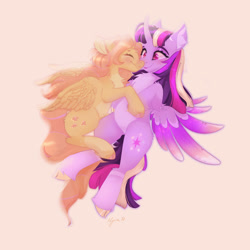 Size: 1920x1920 | Tagged: safe, artist:nyota71, derpibooru import, fluttershy, twilight sparkle, twilight sparkle (alicorn), alicorn, pegasus, pony, blushing, chest fluff, cloven hooves, colored hooves, colored wings, cute, eyes closed, female, lesbian, mare, redesign, shipping, shyabetes, snuggling, twiabetes, twishy, unshorn fetlocks, wings