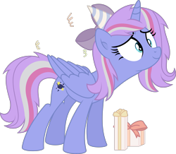 Size: 3779x3292 | Tagged: safe, artist:thatusualguy06, derpibooru import, oc, oc only, oc:starcollider, alicorn, pony, .svg available, alicorn oc, base used, birthday, female, hat, high res, horn, mare, party hat, present, simple background, solo, svg, transparent background, vector, wings