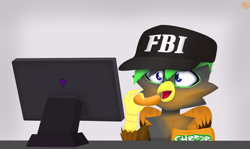 Size: 5024x3001 | Tagged: safe, artist:toxinagraphica, derpibooru import, oc, oc only, oc:dreary, griffon, baseball cap, cap, cheetos, commission, fbi, feather, griffon oc, hat, logo, madagascar, male, meme, monitor, open mouth, shocked, signature, skipper, small eyes, solo, table, wings