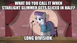 Size: 800x450 | Tagged: safe, derpibooru import, maud pie, implied starlight glimmer, long division, long glimmer, long pony, maud the comedian, pun, stand-up comedy