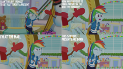 Size: 1280x720 | Tagged: safe, derpibooru import, edit, edited screencap, editor:quoterific, screencap, rainbow dash, equestria girls, equestria girls series, holidays unwrapped, spoiler:eqg series (season 2), clothes, cutie mark on clothes, dashing through the mall, eyes closed, female, geode of super speed, hoodie, jewelry, magical geodes, necklace, open mouth, smiling, snowman, solo, text
