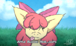 Size: 3500x2100 | Tagged: safe, artist:zackhamiltonssb5, derpibooru import, apple bloom, earth pony, pony, :p, adorabloom, cute, eyes closed, female, filly, foal, solo, text, tongue, tongue out