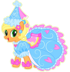 Size: 638x655 | Tagged: safe, artist:darlycatmake, derpibooru import, applejack, earth pony, pony, look before you sleep, bow, clothes, dress, flower, flower in hair, froufrou glittery lacy outfit, happy, hat, hennin, looking at you, princess, princess applejack, simple background, smiling, smiling at you, solo, transparent background, vector