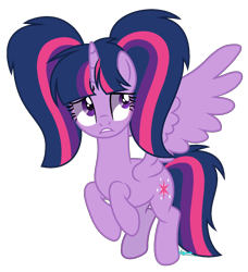 Size: 1202x1319 | Tagged: safe, artist:amicasecret-yt, derpibooru import, twilight sparkle, twilight sparkle (alicorn), alicorn, pony, alternate hairstyle, base used, female, flying, full body, gritted teeth, hooves, horn, mare, pigtails, signature, simple background, solo, spread wings, teeth, transparent background, twintails, wings