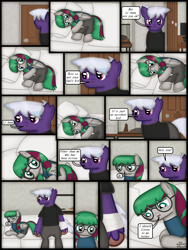 Size: 1750x2333 | Tagged: safe, artist:99999999000, derpibooru import, oc, oc only, oc:firearm king, oc:li anna, earth pony, pony, comic:journey, bed, clothes, comic, crying, door, female, male, pillow, sad