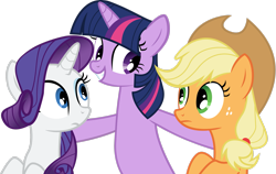 Size: 3083x1946 | Tagged: safe, artist:the-crusius, derpibooru import, applejack, rarity, twilight sparkle, unicorn twilight, earth pony, pony, unicorn, look before you sleep, applejack's hat, clothes, cowboy hat, female, hat, looking at each other, looking at someone, mare, simple background, sleepover, transparent background, trio, trio female, vector