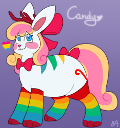 Size: 1090x1161 | Tagged: safe, artist:greenarsonist, derpibooru import, oc, oc only, oc:candy🍭, bow, bowtie, chubby, clothes, fat, hair bow, horns, jackalope, pansexual, pansexual pride flag, pride, pride flag, rainbow, rainbow socks, socks, striped socks, tail, tail bow