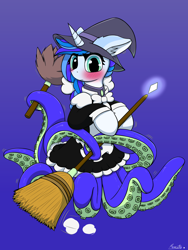 Size: 3000x4000 | Tagged: safe, artist:monycaalot, derpibooru import, oc, oc:maeve seawind, monster pony, octopony, octopus, original species, broom, brush, clothes, cute, duster, embarrassed, female, green eyes, hat, looking at you, maid, simple background, solo, tentacles, white skin, witch, witch hat