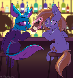 Size: 3086x3274 | Tagged: safe, artist:notetaker, derpibooru import, oc, oc only, changedling, changeling, earth pony, pony, alcohol, changedling oc, changeling oc, drunk, earth pony oc, stool