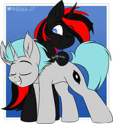 Size: 2194x2392 | Tagged: safe, artist:notetaker, derpibooru import, oc, oc only, oc:lunar signal, bat pony, hybrid, pony, unicorn, bat pony oc, bat pony unicorn, duo, ear fluff, ears, eyebrows, eyebrows visible through hair, eyes closed, grin, high res, hooves, horn, one eye closed, signature, simple background, smiling, two toned mane, unicorn oc