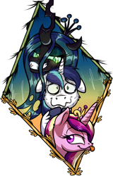 Size: 1380x2160 | Tagged: safe, artist:pirill, derpibooru import, princess cadance, queen chrysalis, shining armor, alicorn, changeling, changeling queen, unicorn, canterlot wedding 10th anniversary, :p, crown, eyeshadow, female, frame, grin, heartbeat, jewelry, looking at you, makeup, male, mare, regalia, shiningcadance, shipping, signature, simple background, smiling, stallion, straight, tongue, tongue out, transparent background