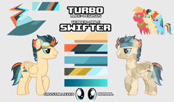 Size: 3122x1836 | Tagged: safe, derpibooru import, big macintosh, rainbow dash, oc, oc:turbo swifter, crystal pony, pegasus, clothes, color palette, cutie mark, goggles, headband, male, reference sheet, simple background, size chart, size comparison, stallion, wide eyes