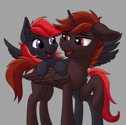 Size: 2756x2732 | Tagged: safe, artist:fess, derpibooru import, oc, oc only, oc:hardy, oc:rosetta hask, alicorn, pegasus, pony, alicorn oc, duo, duo male and female, ear fluff, ears, eye contact, female, floppy ears, folded wings, gray background, high res, hooves, horn, lidded eyes, looking at each other, looking at someone, looking back, male, mare, oc x oc, open mouth, open smile, pegasus oc, raised hoof, raised leg, shipping, simple background, smiling, stallion, tail, wings