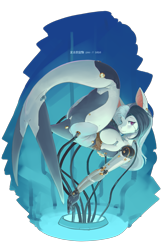 Size: 3587x5425 | Tagged: safe, artist:龙宠, derpibooru import, oc, oc only, oc:moonlight, anthro, bat pony, mermaid, pony, robot, robot pony, conduit, female, fish tail, latex, looking at you, mare, mermaid tail, mermay, simple background, solo, tail, transformation, transparent background, underwater, water