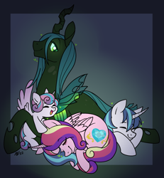Size: 1747x1891 | Tagged: safe, artist:/d/non, derpibooru import, princess cadance, princess flurry heart, queen chrysalis, shining armor, alicorn, changeling, changeling queen, canterlot wedding 10th anniversary, bisexual, chrysarmordance, curled up, female, folded wings, heart, infidelity, lesbian, male, polyamory, shining chrysalis, shiningcadance, shipping, sleeping, smiling, straight, wings