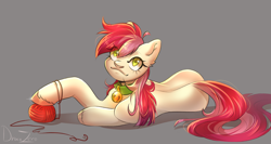 Size: 3000x1600 | Tagged: safe, artist:draco zero, derpibooru import, roseluck, pony, behaving like a cat, bell, bell collar, collar, commission, commissioner:doom9454, cute, pony pet, rosepet, yarn, yarn ball