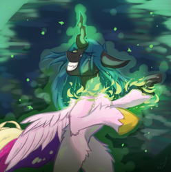 Size: 1283x1293 | Tagged: safe, artist:nighty, derpibooru exclusive, derpibooru import, princess cadance, queen chrysalis, alicorn, changeling, pony, canterlot wedding 10th anniversary, abstract background, disguise, disguised changeling, evil, fake cadance, female, fire, fluffy, grin, horn, jewelry, magic, regalia, shapeshifting, smiling, solo, spread wings, transformation, wings
