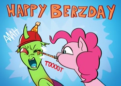 Size: 1169x827 | Tagged: safe, artist:doublewbrothers, derpibooru import, pinkie pie, oc, oc:berzie, changedling, changeling, earth pony, pony, birthday gift art, changedling oc, changeling oc, gift art, happy birthday, hat, one eye closed, open mouth, party hat