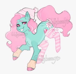 Size: 1080x1053 | Tagged: safe, artist:lellyberry33, derpibooru import, minty, earth pony, pony, g3, alternate cutie mark, candy, chest fluff, clothes, colored hooves, ear piercing, earring, female, food, green coat, grin, hat, jewelry, leg warmers, long mane, looking at you, mare, peppermint, piercing, pink eyes, pink mane, pom pom, signature, simple background, smiling, smiling at you, socks, solo, stockings, striped socks, thigh highs, watermark, wavy mane, white background, winter hat, winter outfit