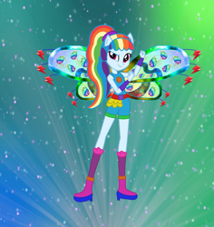 Size: 1297x1376 | Tagged: safe, artist:ketrin29, artist:user15432, derpibooru import, rainbow dash, equestria girls, alternate hairstyle, barely eqg related, base used, believix, belt, boots, clothes, colored wings, crossover, element of loyalty, fairy, fairy wings, fairyized, gradient background, gradient wings, hand on arm, high heel boots, high heels, looking at you, multicolored wings, ponied up, ponytail, rainbow wings, shoes, socks, sparkly background, sparkly wings, wings, winx, winx club, winxified