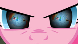 Size: 665x380 | Tagged: safe, derpibooru import, screencap, pinkie pie, rainbow dash, earth pony, pegasus, pony, party of one, season 1, sonic rainboom (episode), angry, eye reflection, female, fetal position, frown, implied cupcakes, mare, reflection, scared, stare, wings
