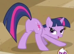 Size: 359x266 | Tagged: safe, derpibooru import, screencap, twilight sparkle, unicorn twilight, pony, unicorn, a canterlot wedding, season 2, butt, cropped, face down ass up, female, horn, hub logo, lidded eyes, logo, looking back, mare, out of context, plot, sexy, smiling, stupid sexy twilight, sunshine sunshine, the hub, twibutt