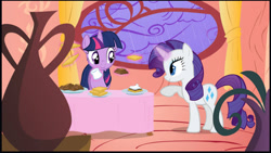 Size: 1632x923 | Tagged: safe, derpibooru import, screencap, rarity, twilight sparkle, earth pony, pony, unicorn, look before you sleep, golden oaks library, levitation, looking at each other, looking at someone, magic, rain, s'mores, screenshots, telekinesis